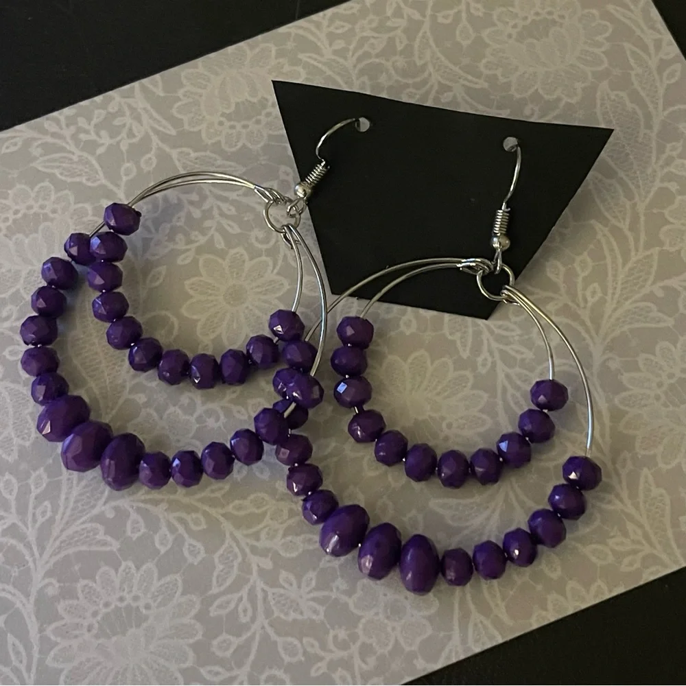 New Handmade Faceted Sterling Silver Purple Bead Bottom 2 Layer Hoop Earrings